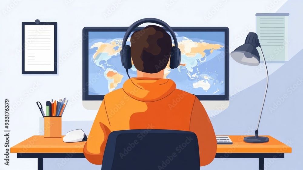 Poster of a virtual language learning class with a flat design style showcasing the concept of online educa