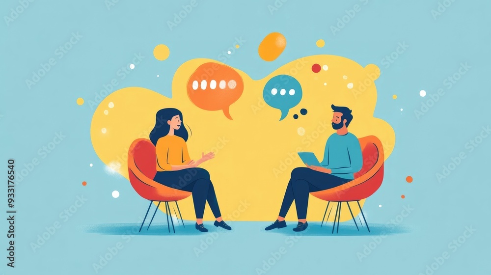 Poster flat design depicting the process of language learning and practicing conversation with a partner or