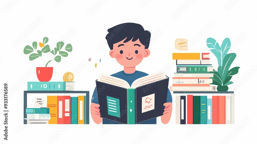 Aufkleber engaging in language learning and reading a foreign language book with flat design exploring the int