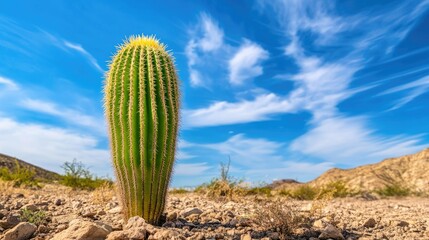 A striking green cactus stands in the middle of arid soil, with a vivid blue sky overhead.