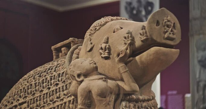 Close-up View On Varaha - Colossal Boar Is Third Incarnation Of Lord Vishnu. Varaha Is Depicted As Boar Or In Anthropomorphic Form, With Boar's Head And Human Body. Varaha and His Consort Bhumi