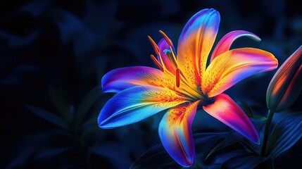 A stunning neon lily bloom, its vibrant colors glowing against a dark background, creating a striking visual contrast.