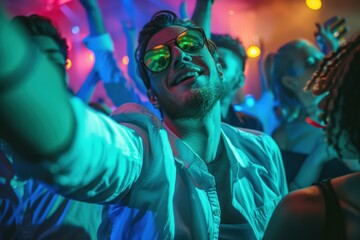Obraz premium Enjoying a live-streaming concert, a young Asian woman in casual clothes watches through her VR glasses,. Beautiful simple AI generated image