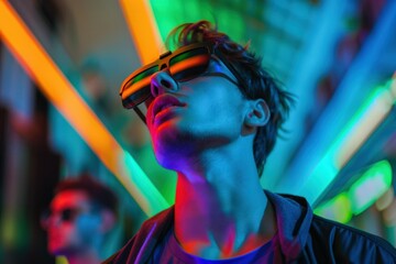 Naklejka premium Enjoying a live-streaming concert, a young Asian woman in casual clothes watches through her VR glasses,. Beautiful simple AI generated image