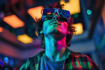 Obraz premium A bright multi-colored image of a man wearing headphones in a nightclub. Modern pop music, male DJ.. Beautiful simple AI generated image