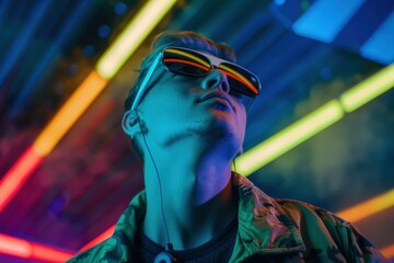 Obraz premium Enjoying a live-streaming concert, a young Asian woman in casual clothes watches through her VR glasses,. Beautiful simple AI generated image