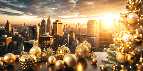 Photo Realistic as Golden sunset over a festive cityscape concept as A dynamic cityscape with the warm hues of sunset and festive decorations symbolizing celebration and success perfect for business p