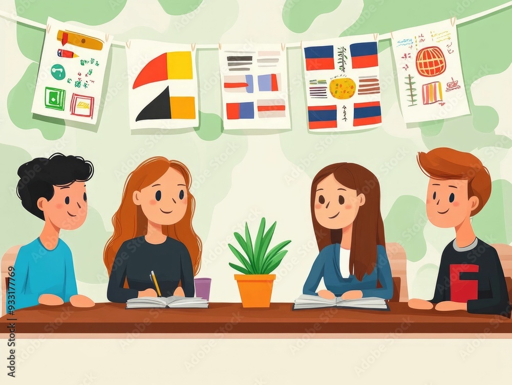 Poster of a language learning and exchange program with a native speaker showcasing flat design style for e