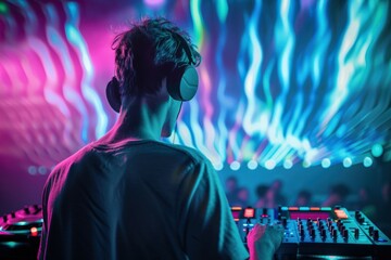 Obraz premium Enjoying a live-streaming concert, a young Asian woman in casual clothes watches through her VR glasses,. Beautiful simple AI generated image