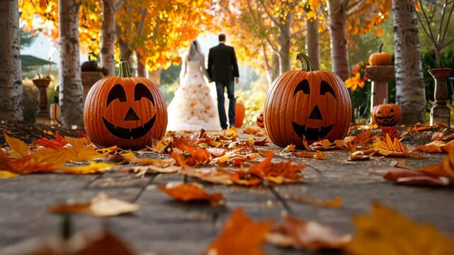 A bride and groom walk down a leaf-strewn path with Jack-o'-lanterns in an autumnal setting, combining romance and Halloween charm.
