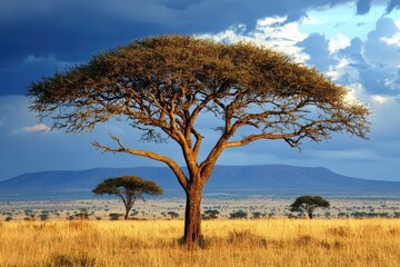 A majestic acacia tree stands alone against a dramatic sky in the African savanna, surrounded by golden grasslands and distant hills.