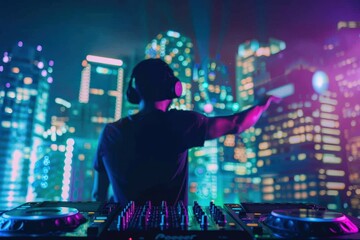 Obraz premium A bright multi-colored image of a man wearing headphones in a nightclub. Modern pop music, male DJ.. Beautiful simple AI generated image