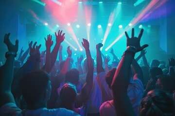 A bright multi-colored image of a man wearing headphones in a nightclub. Modern pop music, male DJ.. Beautiful simple AI generated image