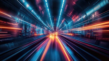 Fototapeta premium A tunnel glowing with vibrant light streaks, conveying a sense of speed and motion in a dynamic urban setting.