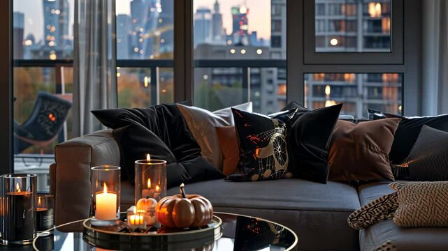 A cozy mix of patterned and textured pillows in warm tones, arranged on a sofa, creating a perfect autumn retreat.