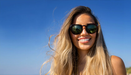 jolie fille blonde souriante avec lunettes de soleil en vacances d'été à la plage
