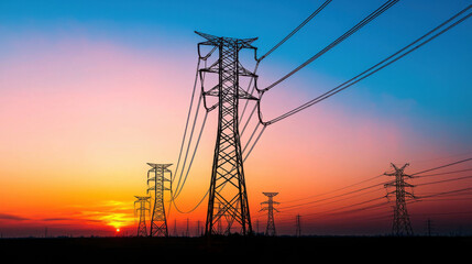 Fototapeta premium Scenic sunset view with power lines and towers silhouetted against a colorful sky, representing energy and infrastructure.