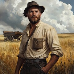 Photo of a settler farmer man in the 1800s, open field of wheat and wagon background There is a storm coming in.