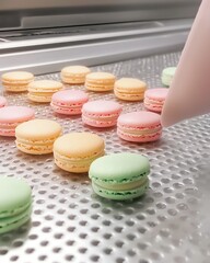 Obraz premium Assortment of colorful macarons on a baking sheet.
