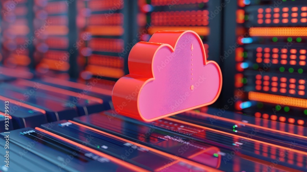 Poster a vibrant cloud symbol floating above data servers, representing modern cloud computing and digital 