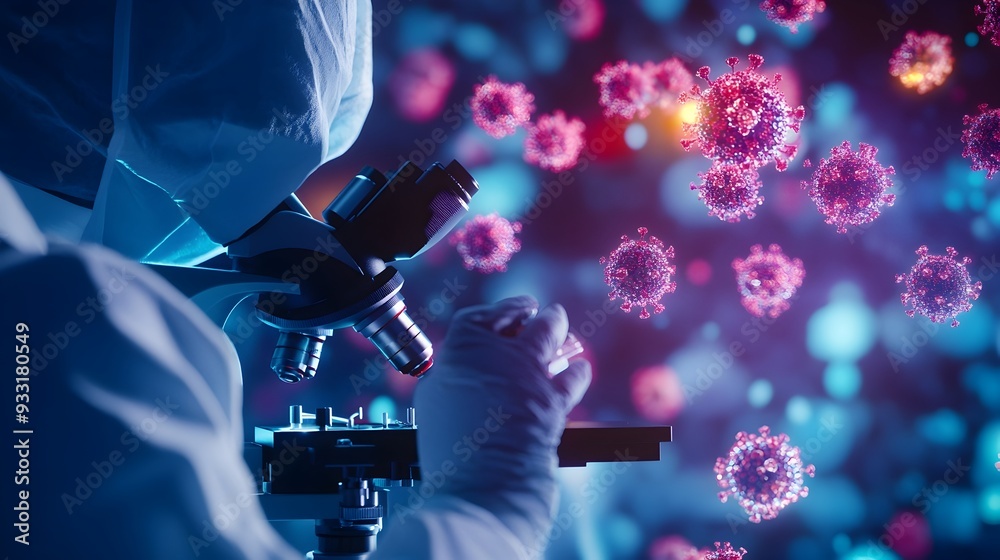 Poster a 3d rendered image of a scientist studying bacteria with a microscope in a biotechnology laboratory