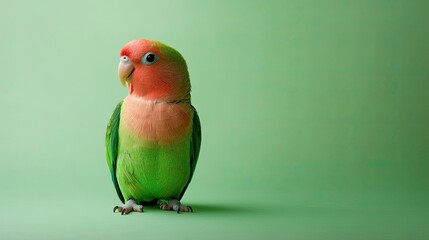 Naklejka premium Beautiful green lovebird parrot isolated on a soft green background, showing off its colorful feathers.