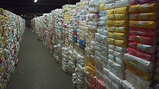 A vast warehouse filled with neatly organized stacks of diapers in various colors, showcasing the diversity of baby products available.