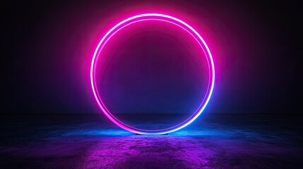 Fototapeta premium Circular neon light with a smooth gradient, creating a modern and dynamic effect on a dark backdrop.
