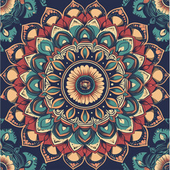 Vibrant Mandala Art: Floral Patterns in Red, Teal, and Cream Tones