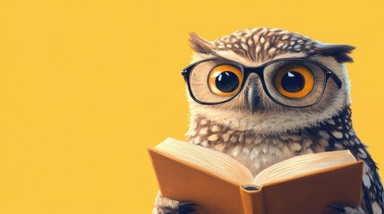 Close-up of a smart owl with glasses, engrossed in a book, isolated on a bright yellow backdrop.