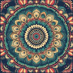 Vibrant Mandala Art: Floral Patterns in Red, Teal, and Cream Tones