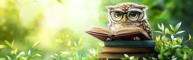 Wise Owl Immersed in Book Knowledge