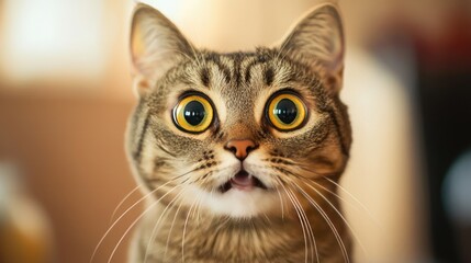 Close-up of a surprised cat with wide eyes and an expressive face, capturing a moment of shock.