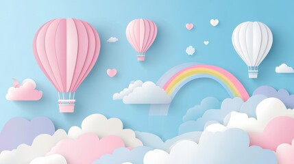 A paper-cut-style hot air balloon flying above the clouds with a rainbow