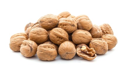 Heap of Walnuts on White Background: A Close-Up View of a Generous Pile of Whole Walnuts, Showcasing Their Rough, Textured Shells and Natural Brown Color Against a Crisp White Background.