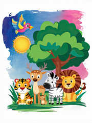 Naklejka premium Colorful Cartoon Safari Animals Illustration - Tiger, Deer, Zebra, Lion, Bird, and Trees in Vibrant Jungle Scene for Children's Education and Entertainment