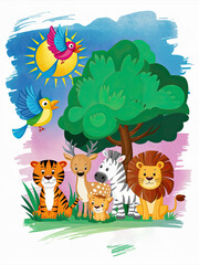 Obraz premium Colorful Cartoon Safari Animals Illustration - Tiger, Deer, Zebra, Lion, Bird, and Trees in Vibrant Jungle Scene for Children's Education and Entertainment