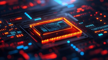 Obraz premium Red and Blue Illuminated Circuit Board with Processor