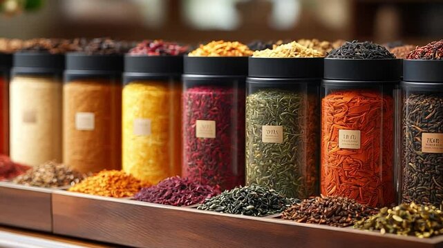 The variety of tea in jars is beautifully arranged on a wooden table.