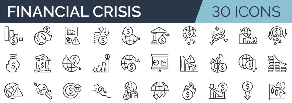 Set of 30 outline icons related to financial crisis. Linear icon collection. Editable stroke. Vector illustration