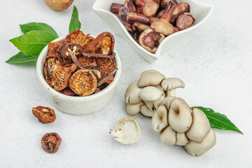Assortment of various mushrooms - fresh, dried and pickled. Oyster, cremini, porcini and shiitake