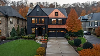 Explore a stylish black house featuring a copper roof, surrounded by vibrant autumn trees in a serene suburban setting.