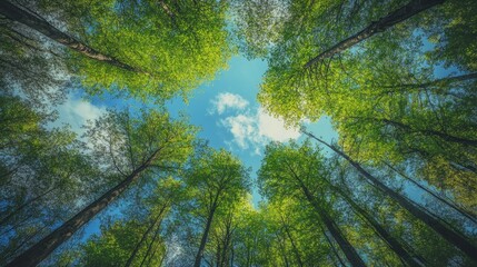 Fototapeta premium Green leaves stretch toward a blue sky in a lush forest, with tall, slender trees enhancing the serene atmosphere.