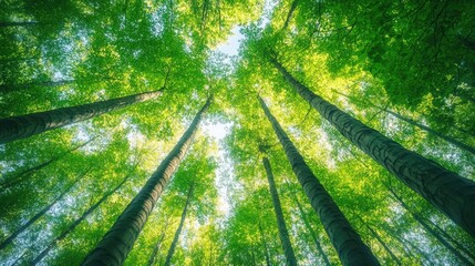 Green leaves stretch toward a blue sky in a lush forest, with tall, slender trees enhancing the serene atmosphere.