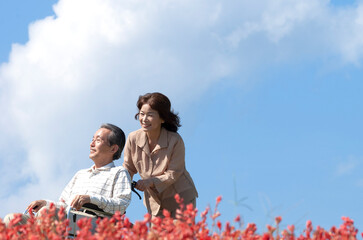 車椅子で散歩する夫婦