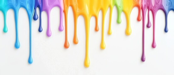 Colorful paint dripping on a white background, top view.