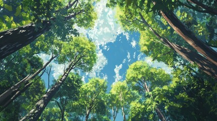 Fototapeta premium Lush green foliage stretches towards a bright blue sky, with slender tree trunks framing the vibrant scene.
