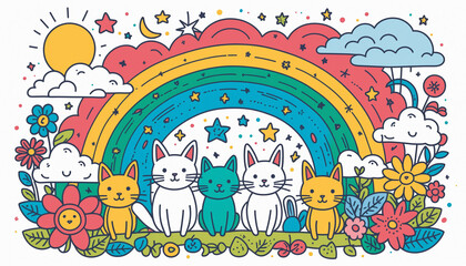 Obraz premium Doodles dessins kawai chat mignon adorable enfant pastel arc-en-ciel.