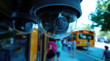 Naklejka premium Surveillance camera on a school bus with children boarding