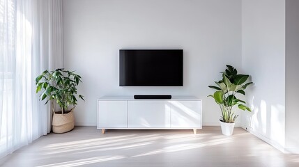 Sleek black soundbar elegantly mounted above a chic white cabinet in a modern minimalist home entertainment setup